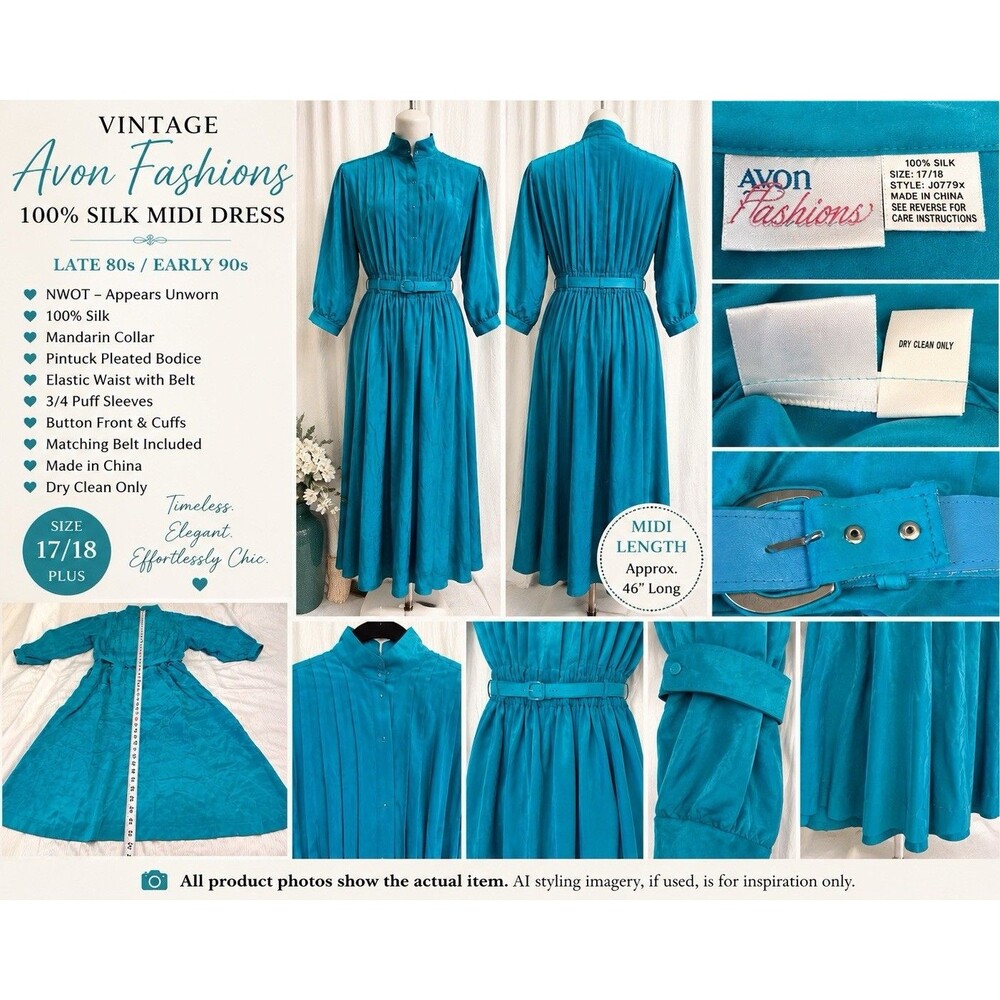 NWOT VTG 80s Avon Fashions 100% Silk Turquoise Midi Dress Belted Plus 18 Pockets